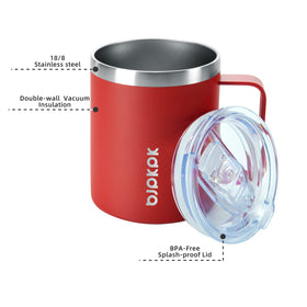 BJPKPK 14oz insulated mug with handle for easy gripping and sipping.