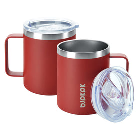 BJPKPK 14oz insulated mug with red lid showing double-wall insulation for hot drinks on the go.