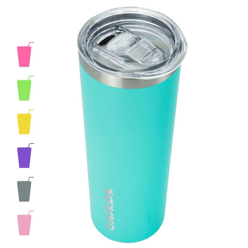 BJPKPK 20 oz skinny tumbler turquoise body keeps beverage temperature on the go.