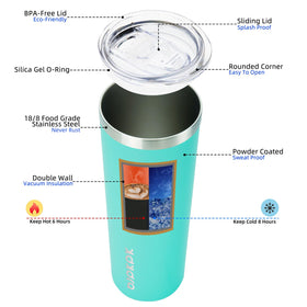 BJPKPK flip-top lid on turquoise tumbler for safe hot coffee on the move.