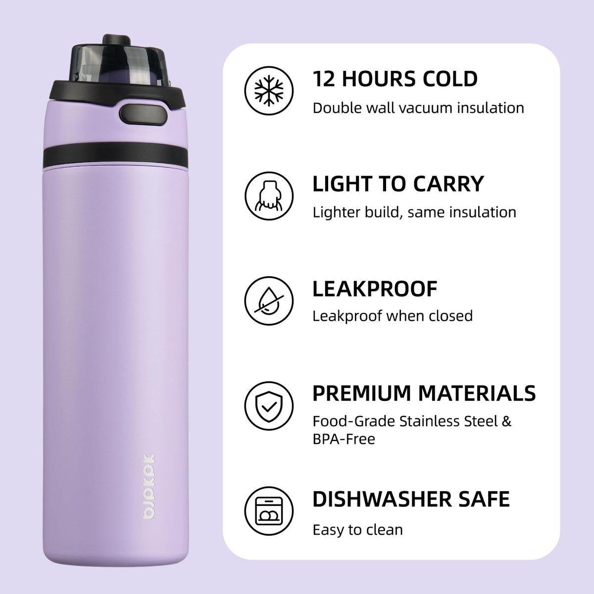 BJPKPK 25oz bottle with leakproof design in lavender, mess-free transport.