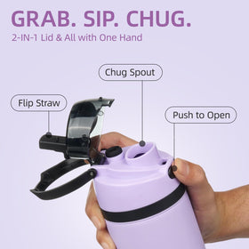 BJPKPK 25oz bottle with push-button lid in lavender, easy one-handed chug.