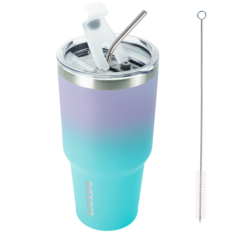 BJPKPK 30oz tumbler Lavender Green left-angled view highlights comfortable grip and heat/cold retention