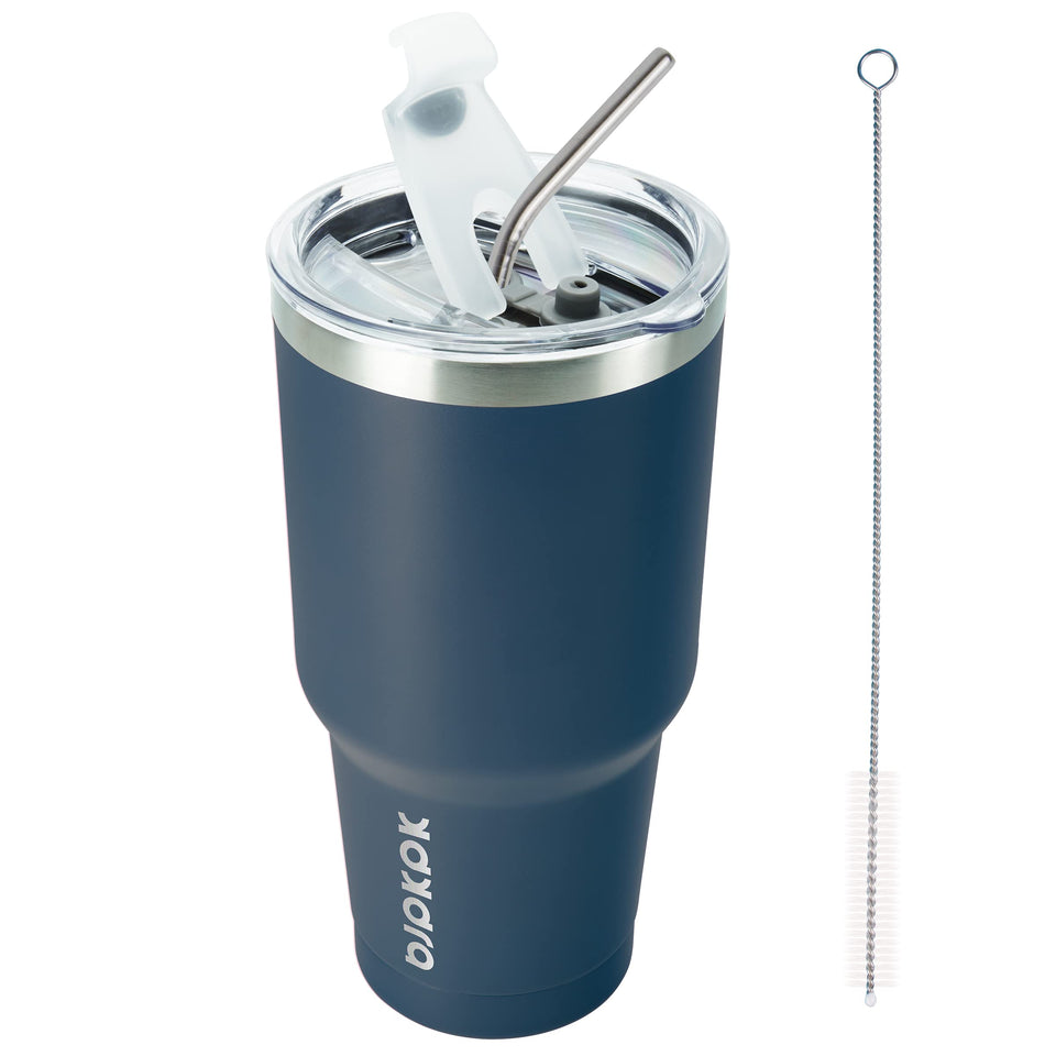 BJPKPK 30 oz tumbler in navy blue with powder-coated finish for sweat-free handling on the go.