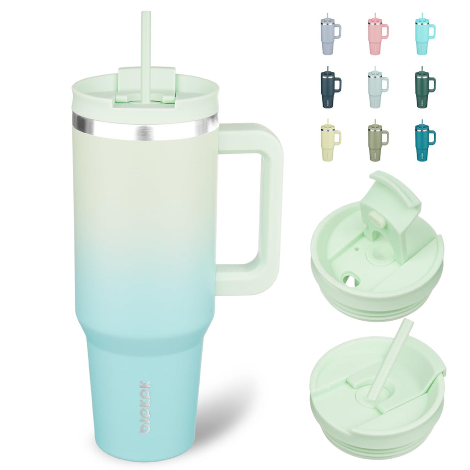 BJPKPK 40 oz insulated tumbler with mint finish and lid, ideal all-day hydration.
