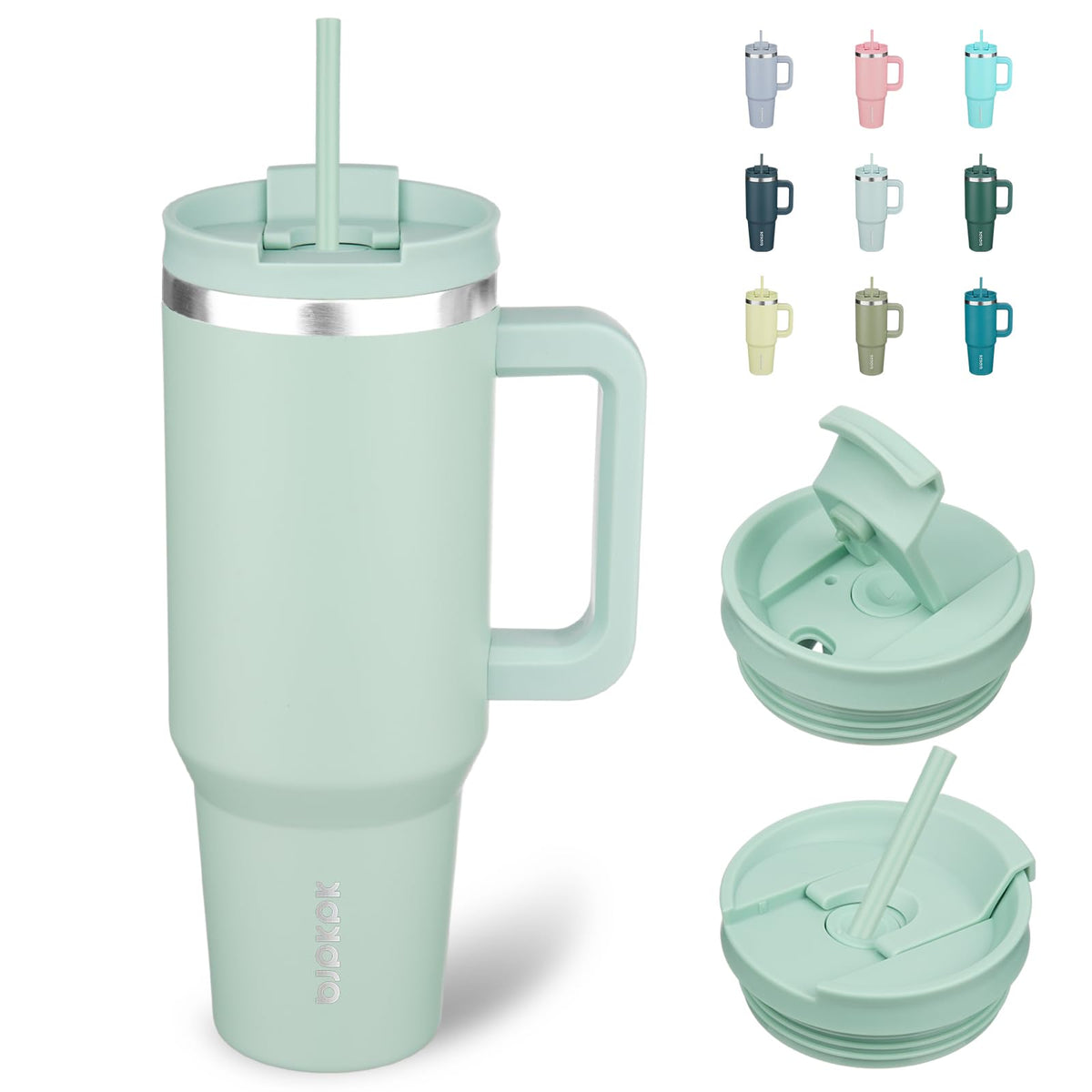 BJPKPK 40oz tumbler in pistachio green with handle and lid for on‑the‑go hydration