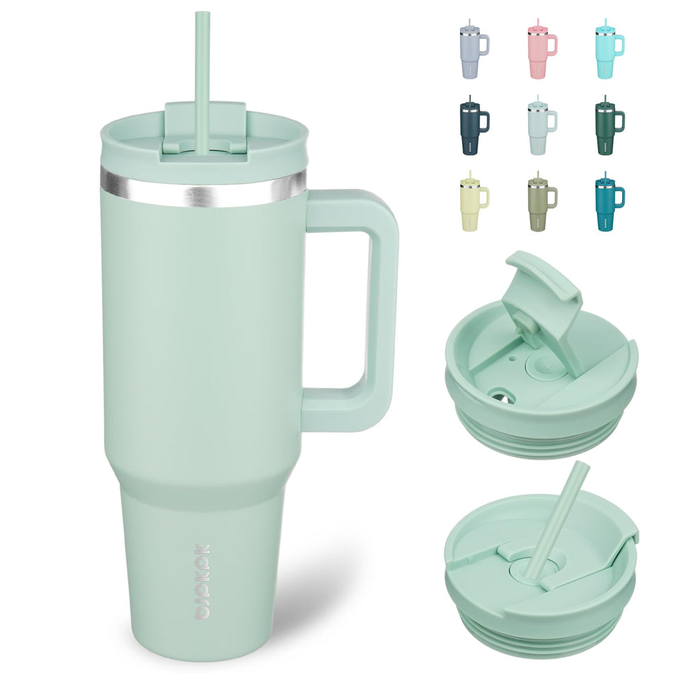 BJPKPK 40oz tumbler in pistachio green with handle and lid for on‑the‑go hydration