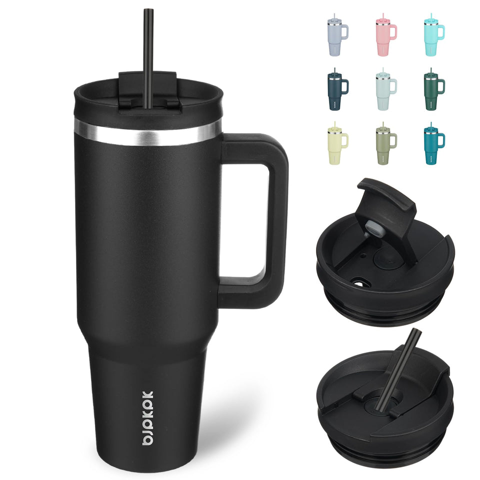 BJPKPK 40 oz tumbler with handle and straw keeps drinks hot or cold.