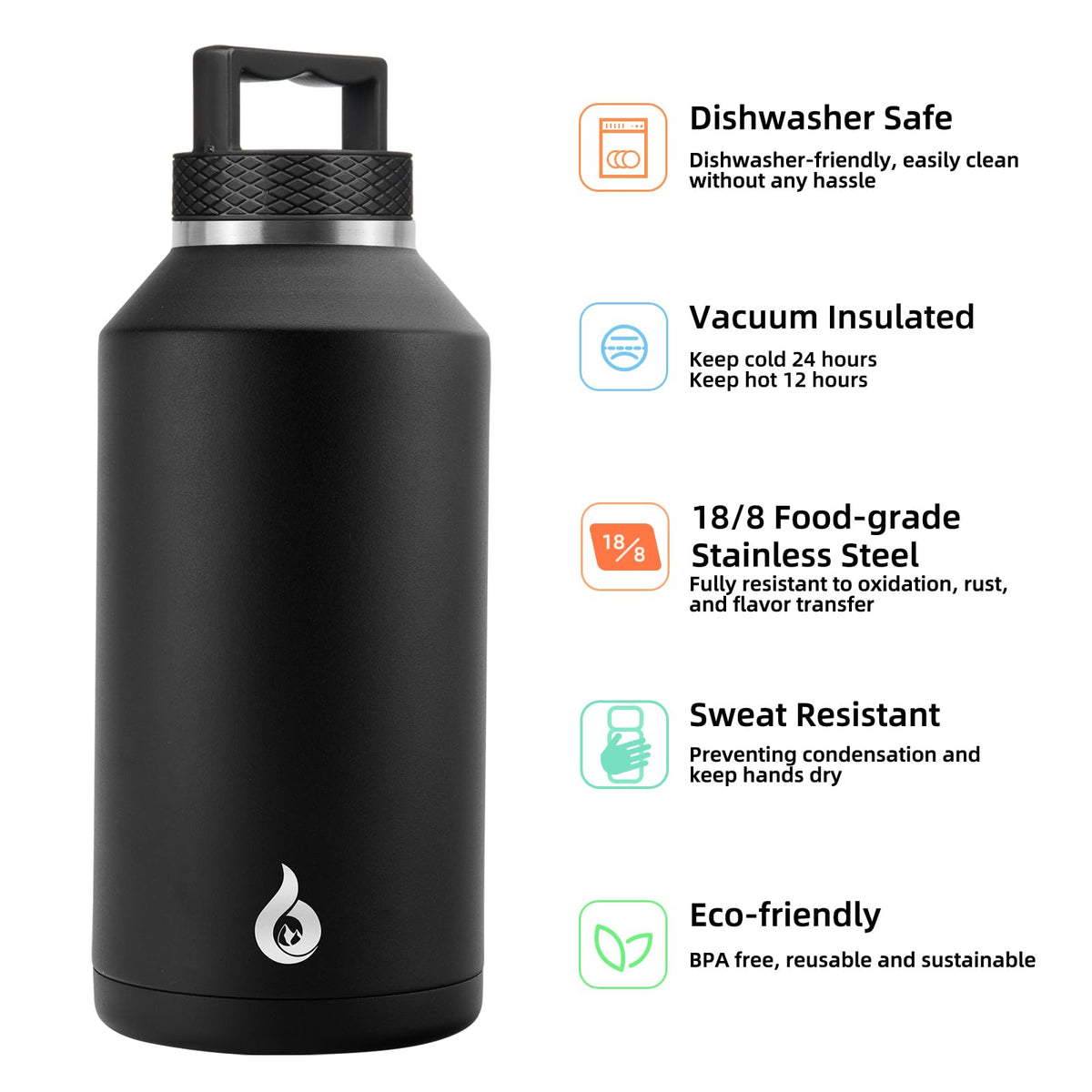 BJPKPK 64oz stainless steel bottle keeps beverages cold or hot.