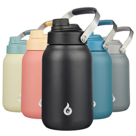 BJPKPK half-gallon insulated water bottle front view shows bold black finish and large capacity for daily hydration