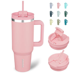 BJPKPK insulated 40oz tumbler with pink finish, handle and straw for on-the-go hydration.
