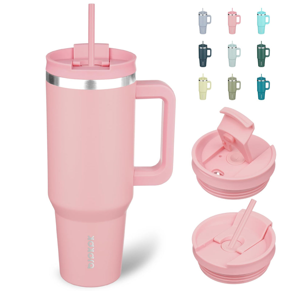 BJPKPK insulated 40oz tumbler with pink finish, handle and straw for on-the-go hydration.