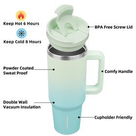 BJPKPK insulated tumbler with mint handle, ergonomic grip for on-the-go use.