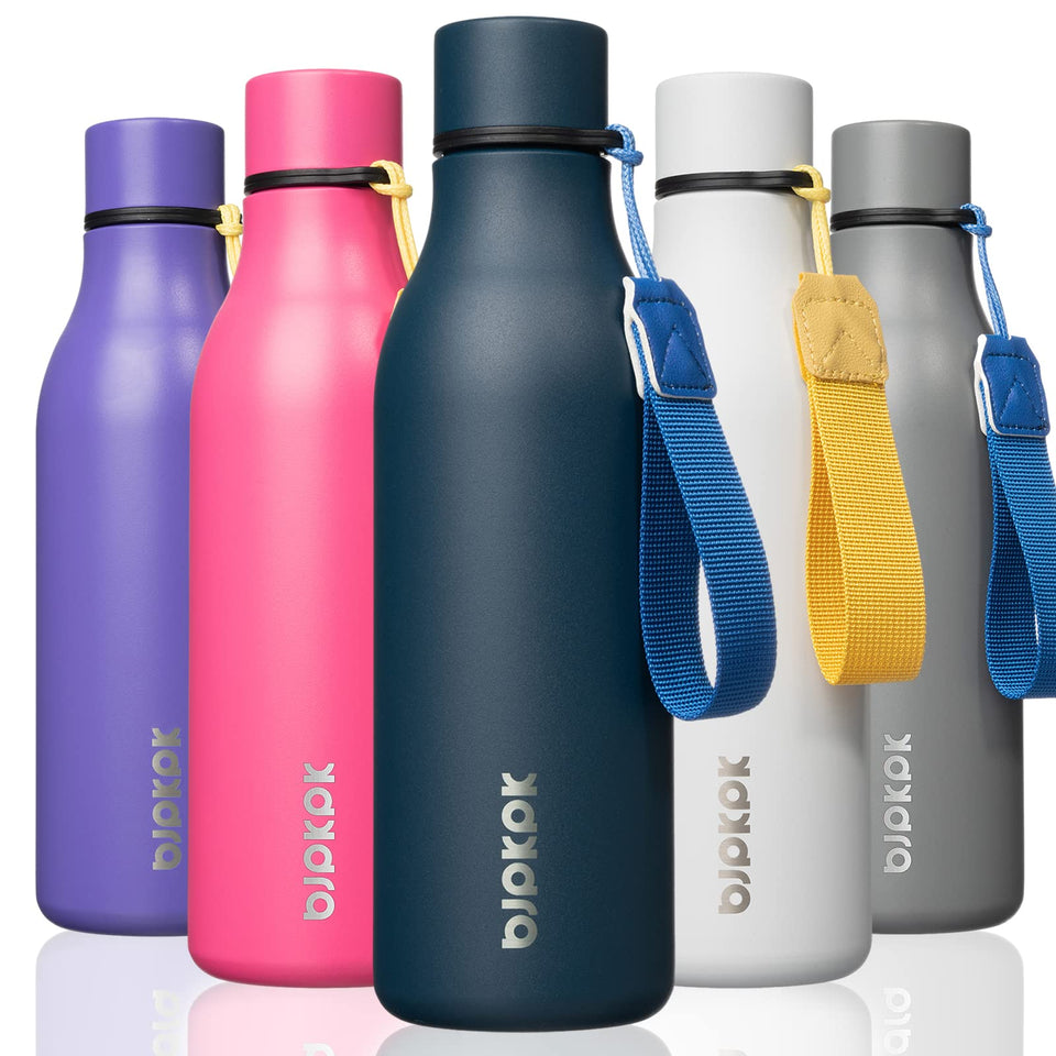 BJPKPK insulated water bottle 18oz navy blue, front view for on-the-go hydration.