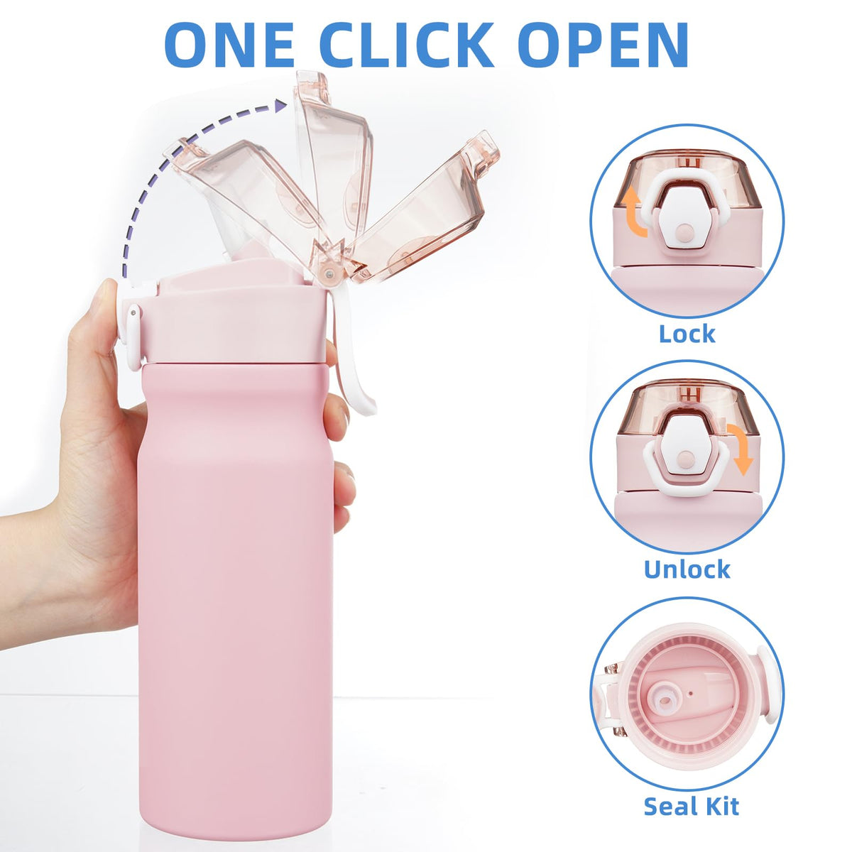 Leak-proof push-button lid prevents spills and keeps spout clean
