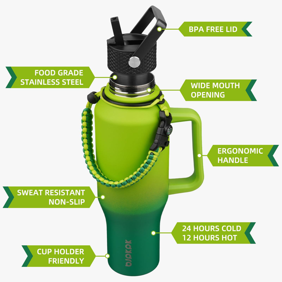 BJPKPK paracord strap bottle offers hands-free carrying during outdoor activities.