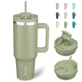 BJPKPK Sage 40oz tumbler with lid and handle, keeps drinks hot or cold on the go.