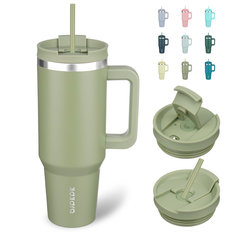 BJPKPK Sage 40oz tumbler with lid and handle, keeps drinks hot or cold on the go.
