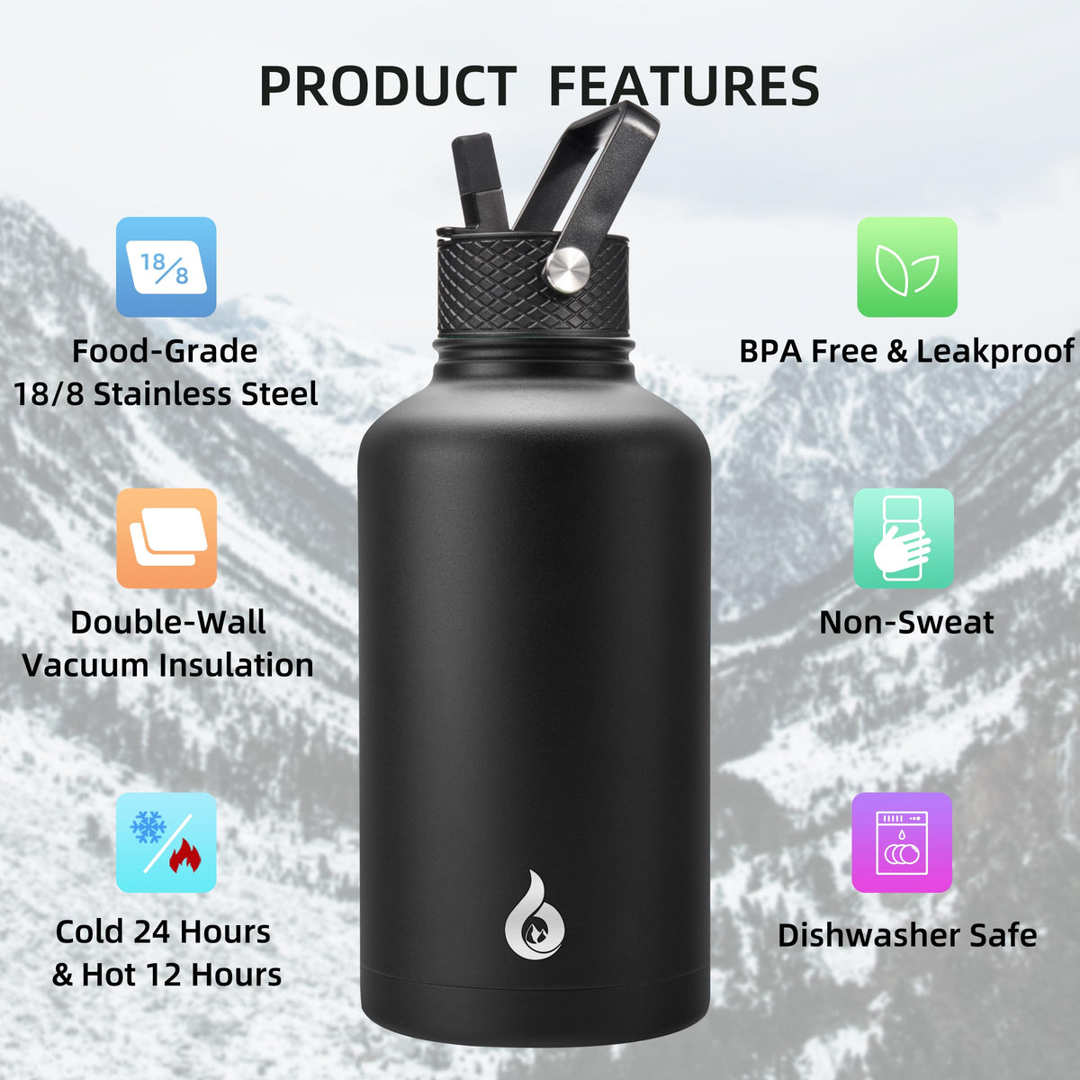 BJPKPK bottle features three lids and paracord handle for versatile use.