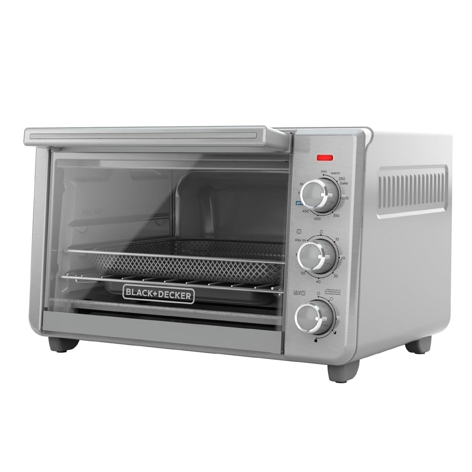 BLACK+DECKER Crisp 'N Bake front view highlights a modern stainless steel finish.