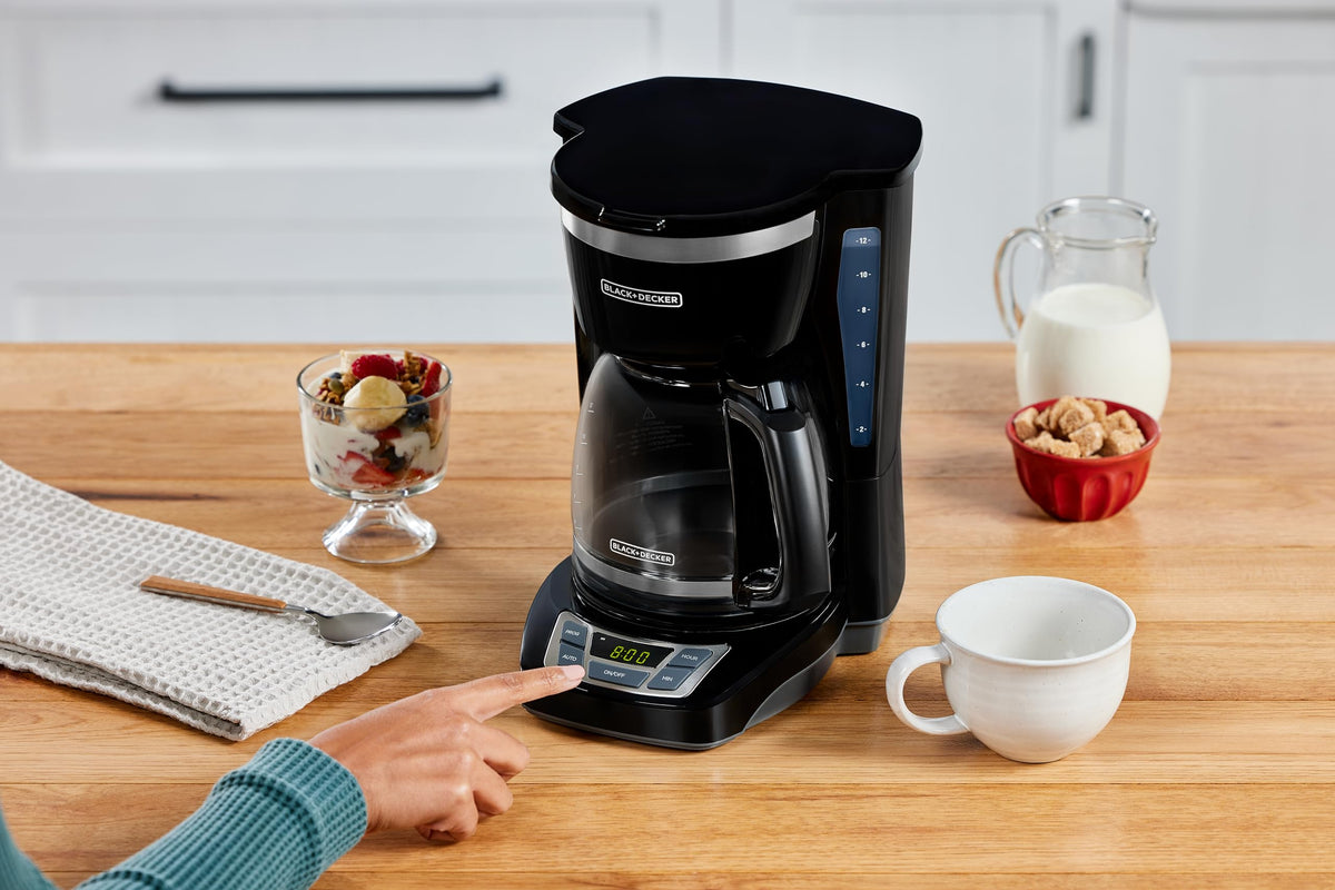 BLACK+DECKER 12-Cup coffee maker pouring action into a mug
