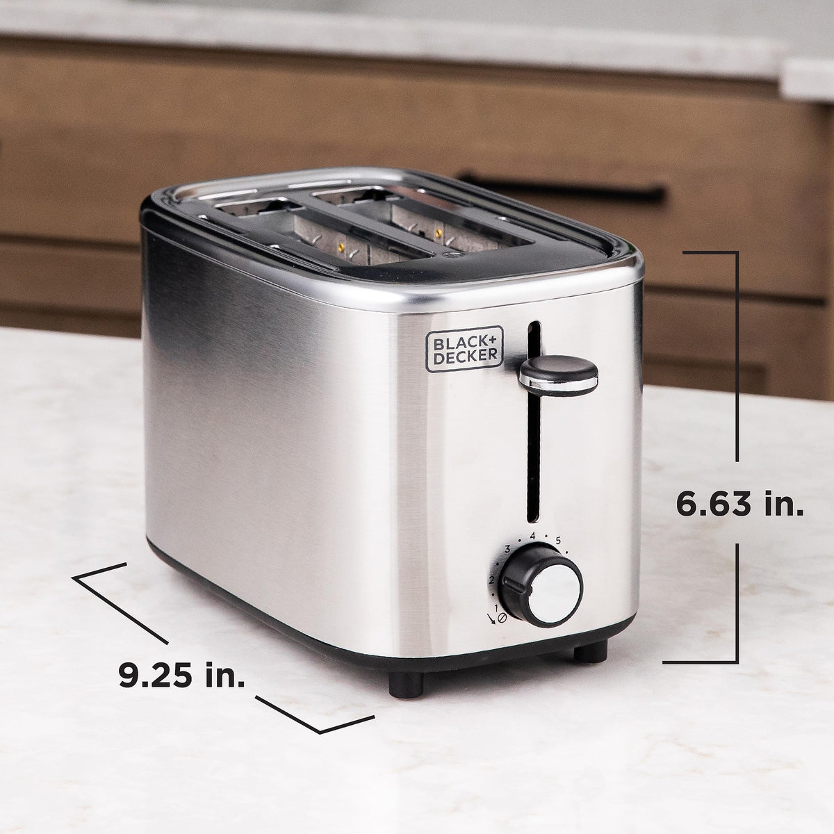 Seven shade settings on BLACK+DECKER toaster for customizable browning.