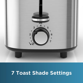 Drop-down crumb tray on BLACK+DECKER toaster for quick cleanup.