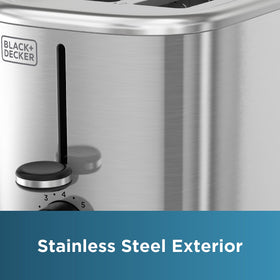 Stainless steel exterior of BLACK+DECKER toaster adds durable kitchen style.