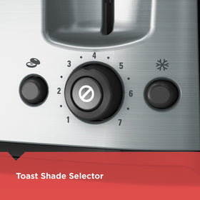 BLACK+DECKER Toaster showing seven browning levels for precise toasting.