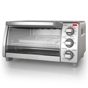 BLACK+DECKER 4-Slice Toaster Oven front view showing compact, space-saving design.