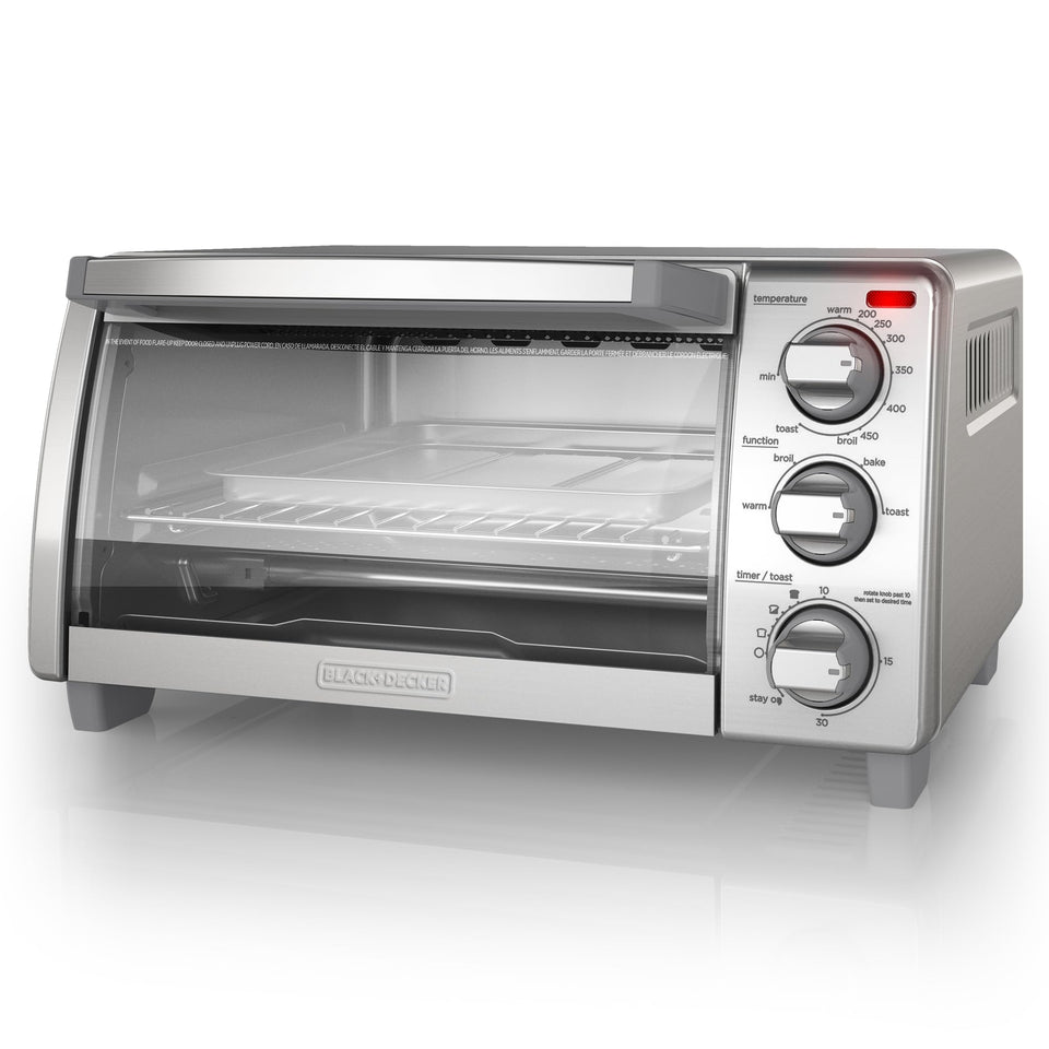 BLACK+DECKER 4-Slice Toaster Oven front view showing compact, space-saving design.