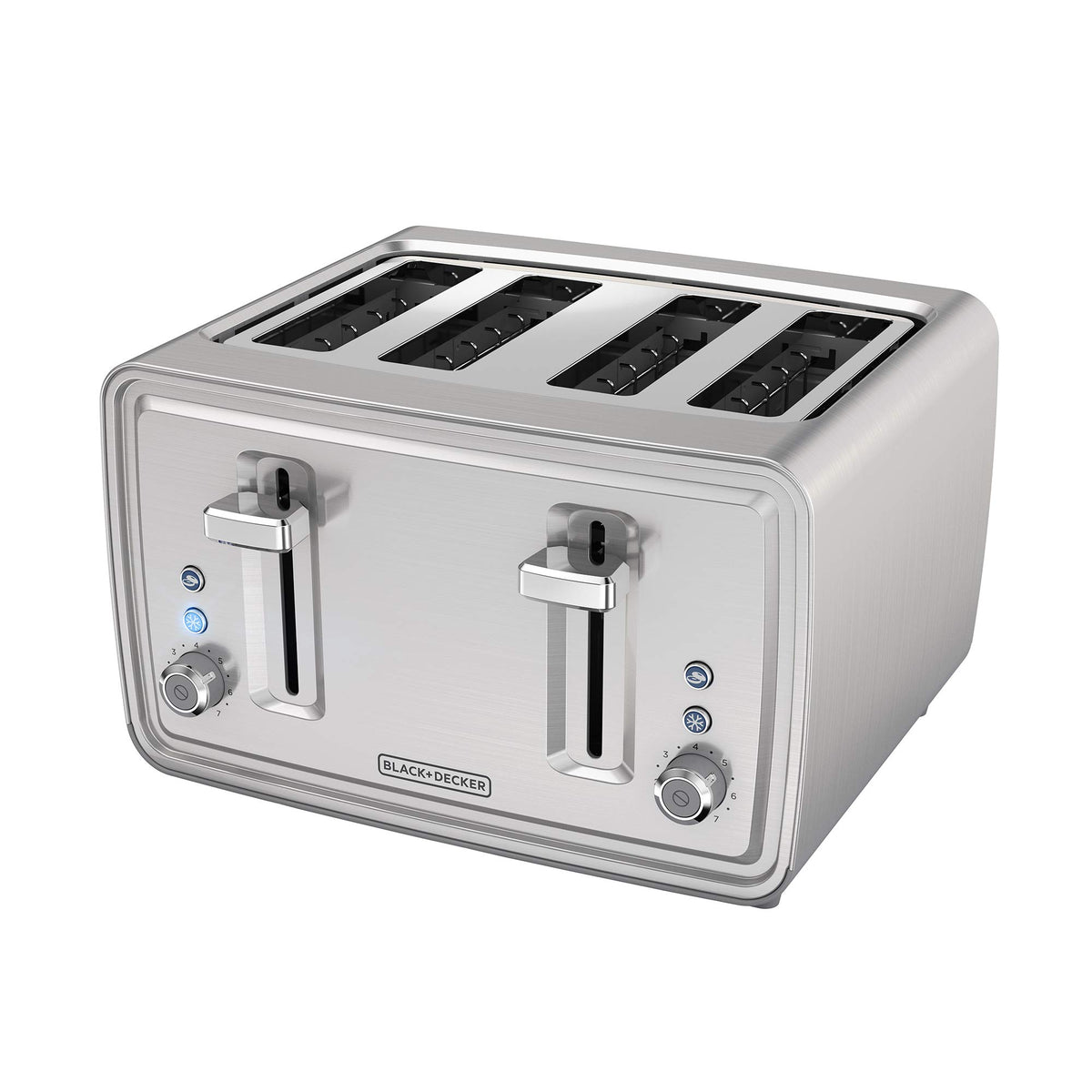 BLACK+DECKER 4-Slice Toaster TR4900SSD front view shows extra-wide slots for bagels and artisan bread