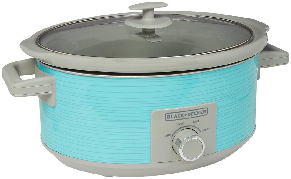 BLACK+DECKER 7-Quart Slow Cooker teal exterior, ideal for family meals and bright kitchen decor.