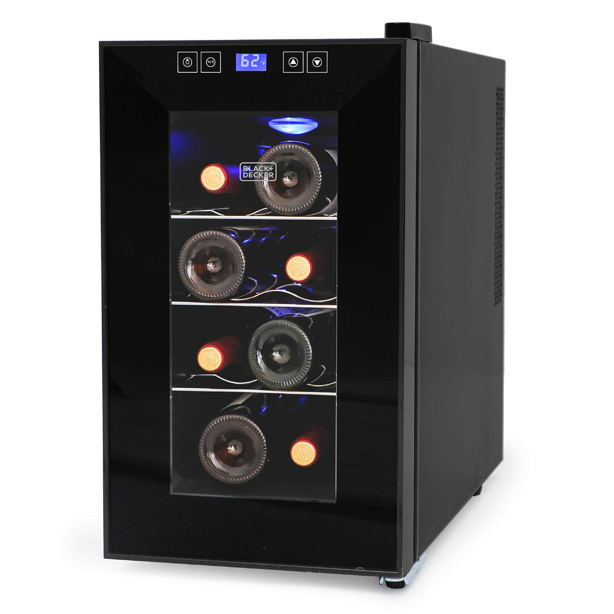 BLACK+DECKER BD60026 wine cellar with LED display, front view showing compact eight-bottle storage.
