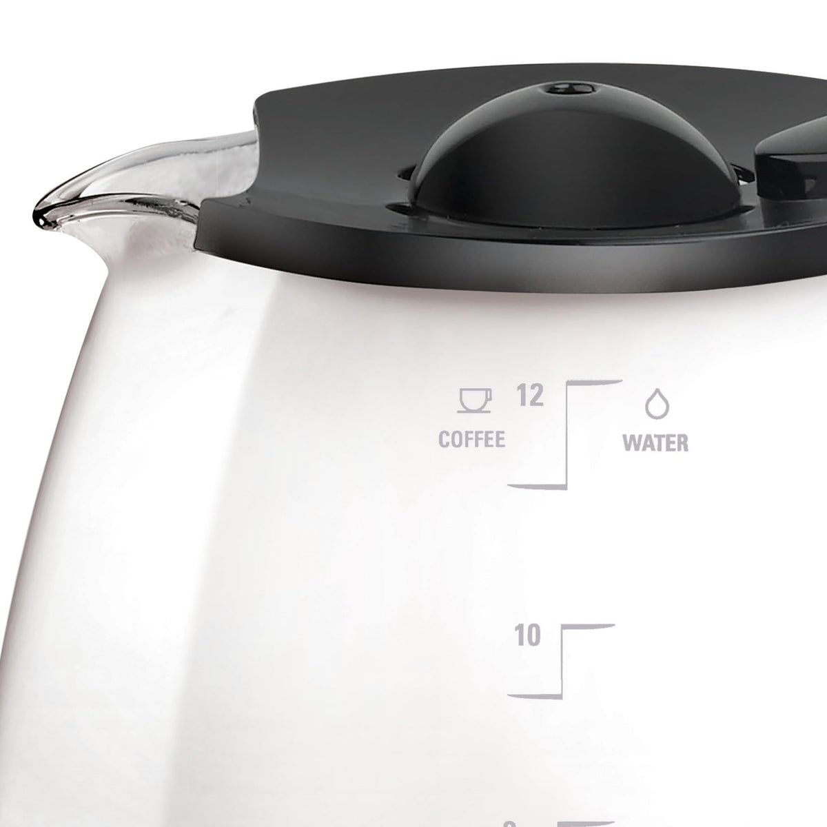 BLACK+DECKER carafe with black handle viewed from the side for grip