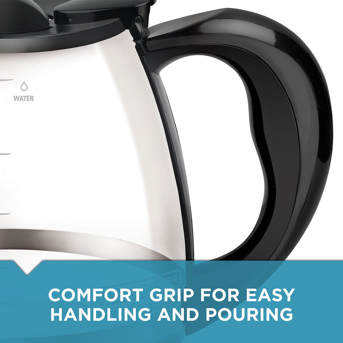 BLACK+DECKER carafe close-up showing dishwasher-safe design