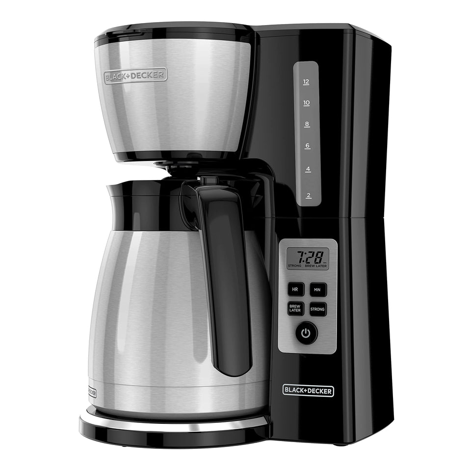 BLACK+DECKER CM2046S thermal carafe close-up showing heat retention without a warming plate