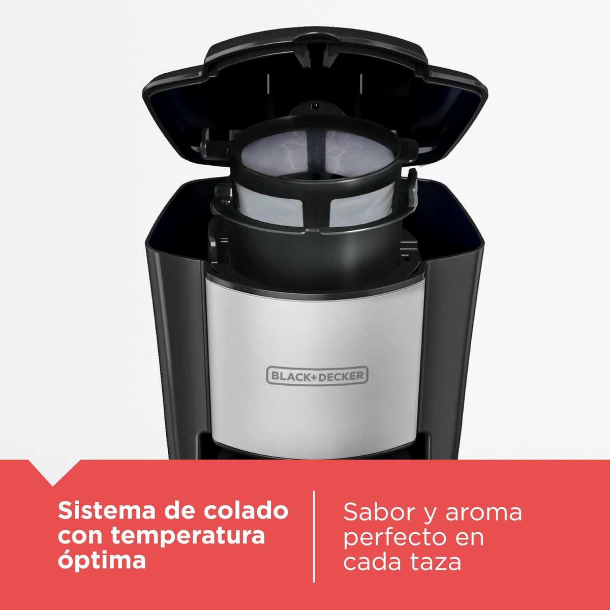 Compact BLACK+DECKER coffeemaker shown in a small kitchen or dorm setup