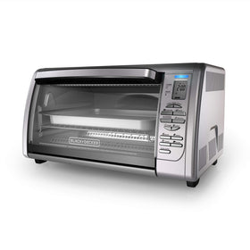 BLACK+DECKER countertop convection toaster oven shows 6-slice capacity for everyday meals