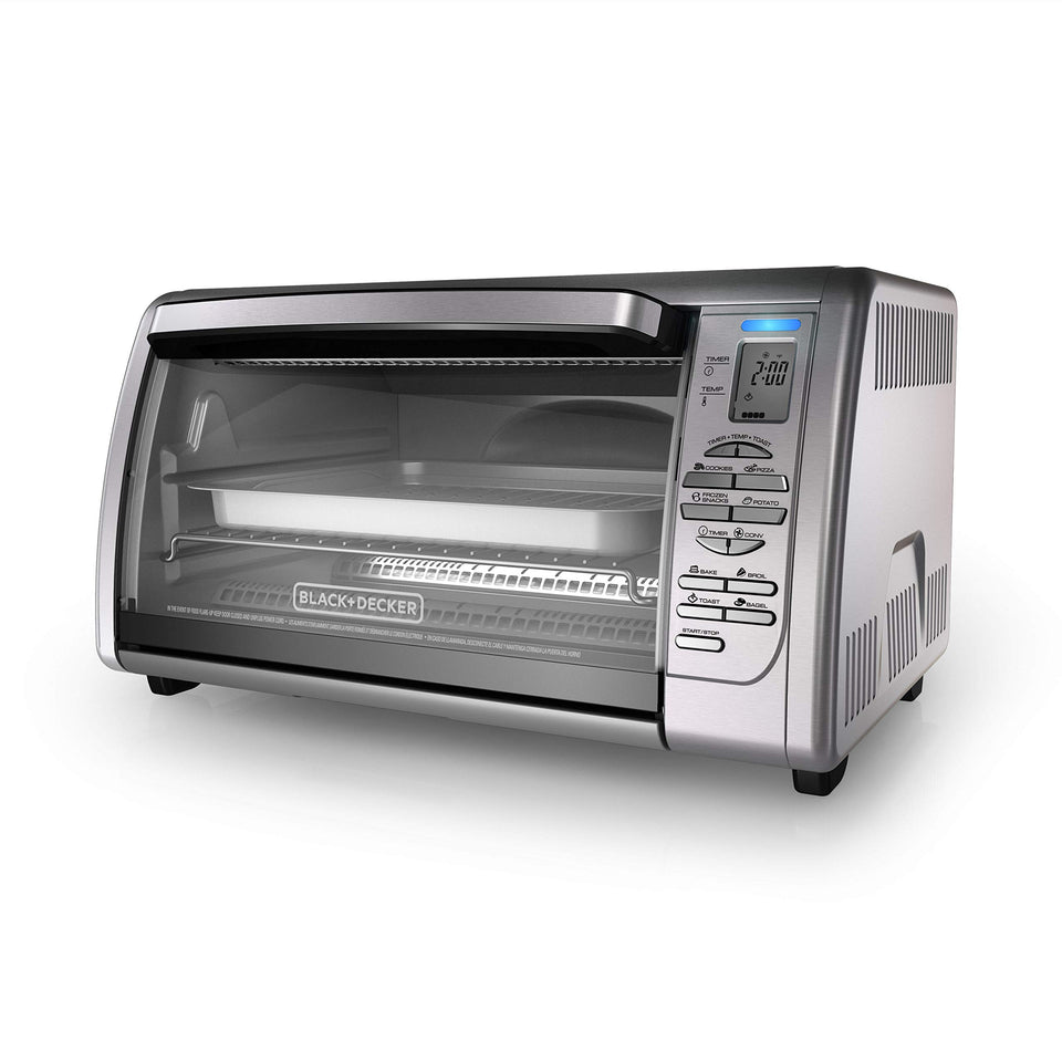 BLACK+DECKER countertop convection toaster oven shows 6-slice capacity for everyday meals