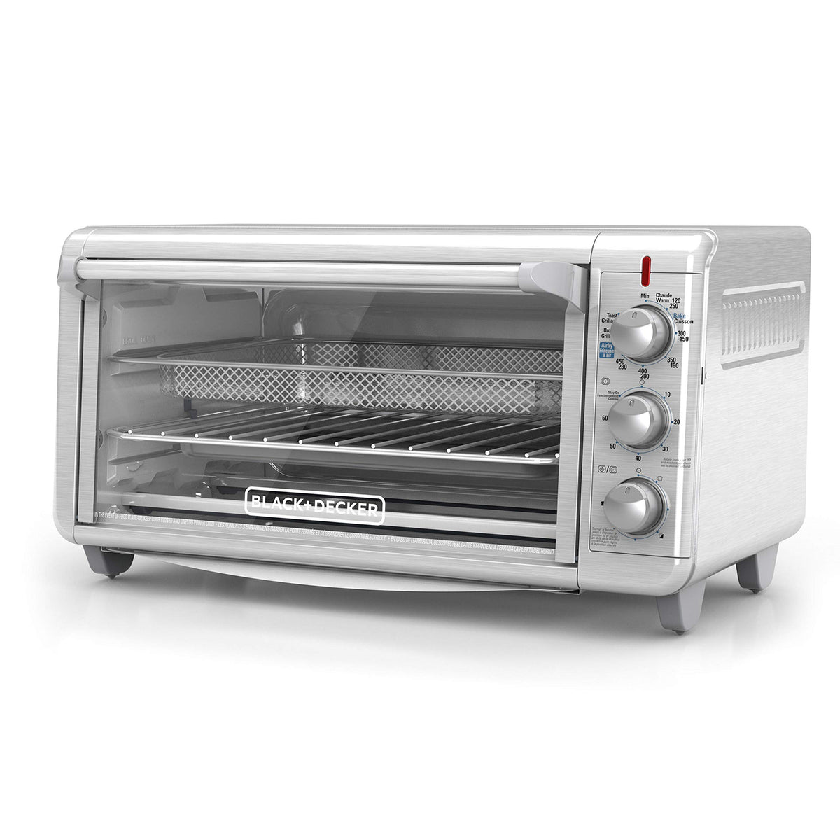 BLACK+DECKER Crisp N Bake air fry toaster oven front view highlighting its spacious interior for family meals.
