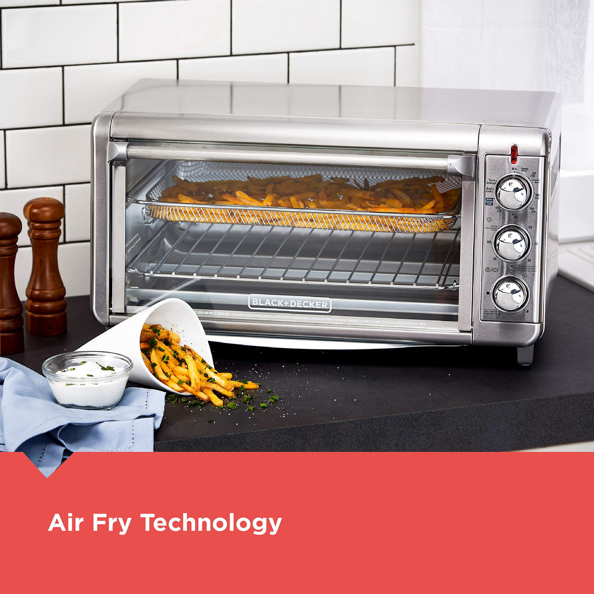 BLACK+DECKER Crisp N Bake air fry toaster oven with 12-inch pizza capacity for quick weeknight meals.