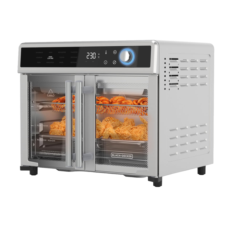 BLACK+DECKER Crisp N Bake oven front view with French doors for easy access.
