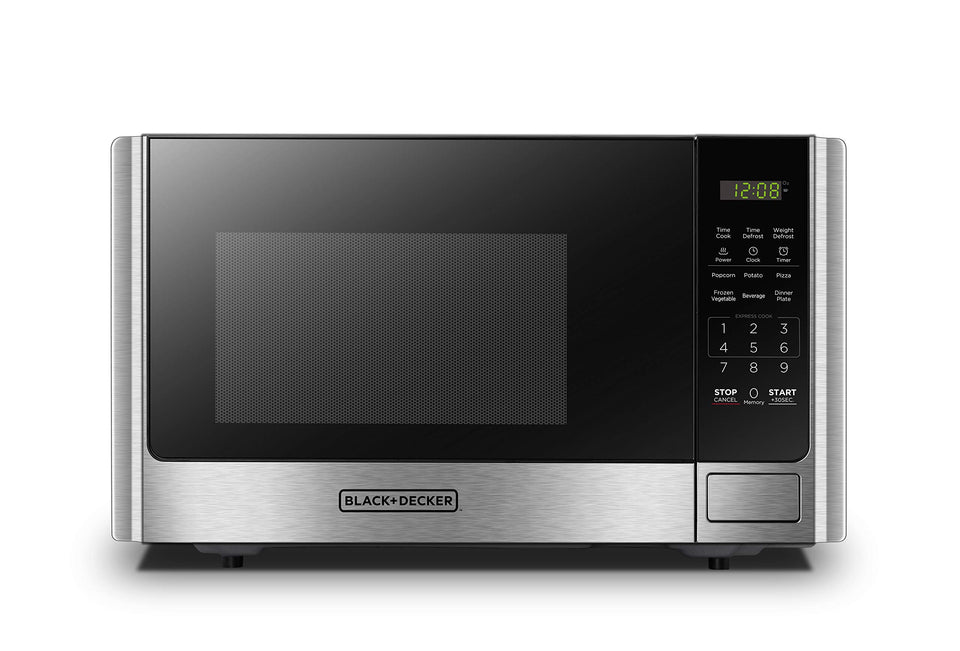 Black+Decker digital microwave oven front view in stainless steel for a modern kitchen