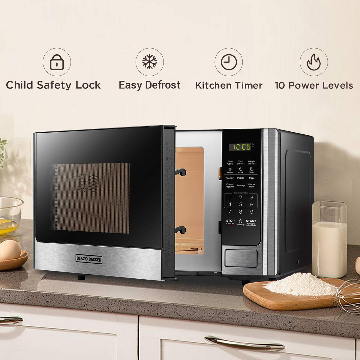 Black+Decker microwave interior light highlights the cavity during cooking
