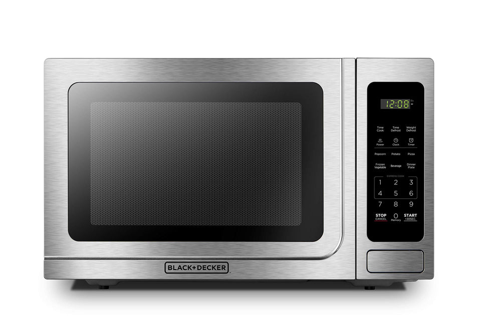 BLACK+DECKER EM036AB14 microwave front view shows compact stainless design for kitchens