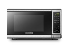 BLACK+DECKER EM720CB7 microwave with push-button door for easy access and safety