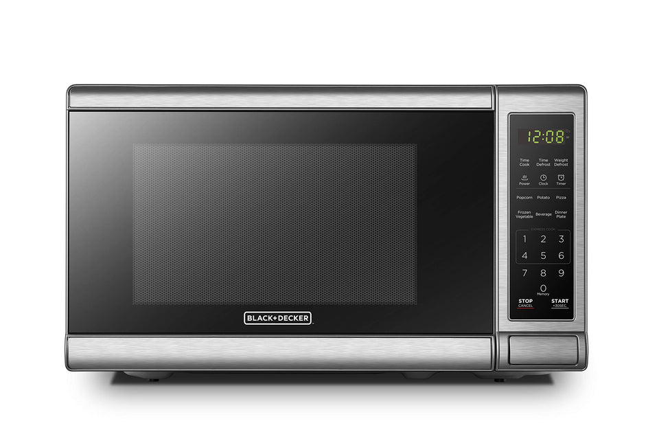BLACK+DECKER EM720CB7 microwave with push-button door for easy access and safety