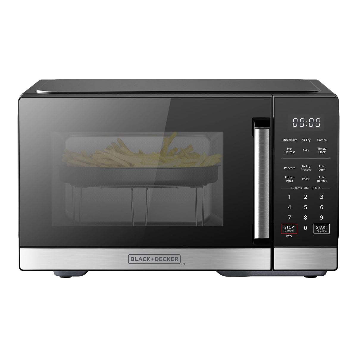 BLACK+DECKER ES9P032NA microwave front view with stainless steel finish for quick meals