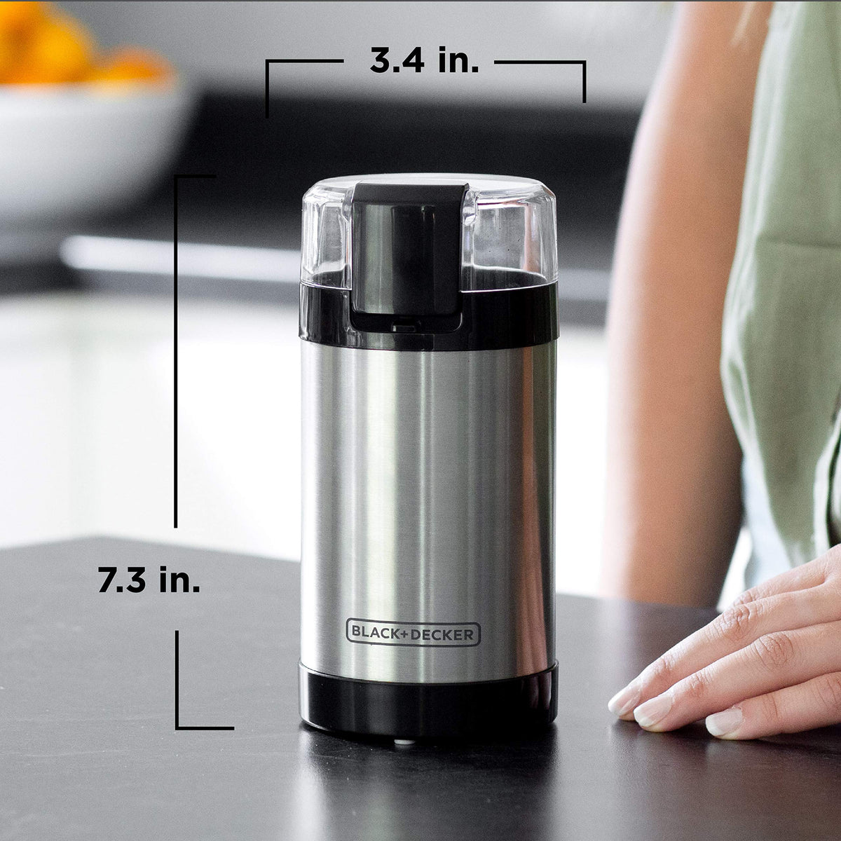 Compact BLACK+DECKER One Touch Coffee Grinder on a small kitchen counter